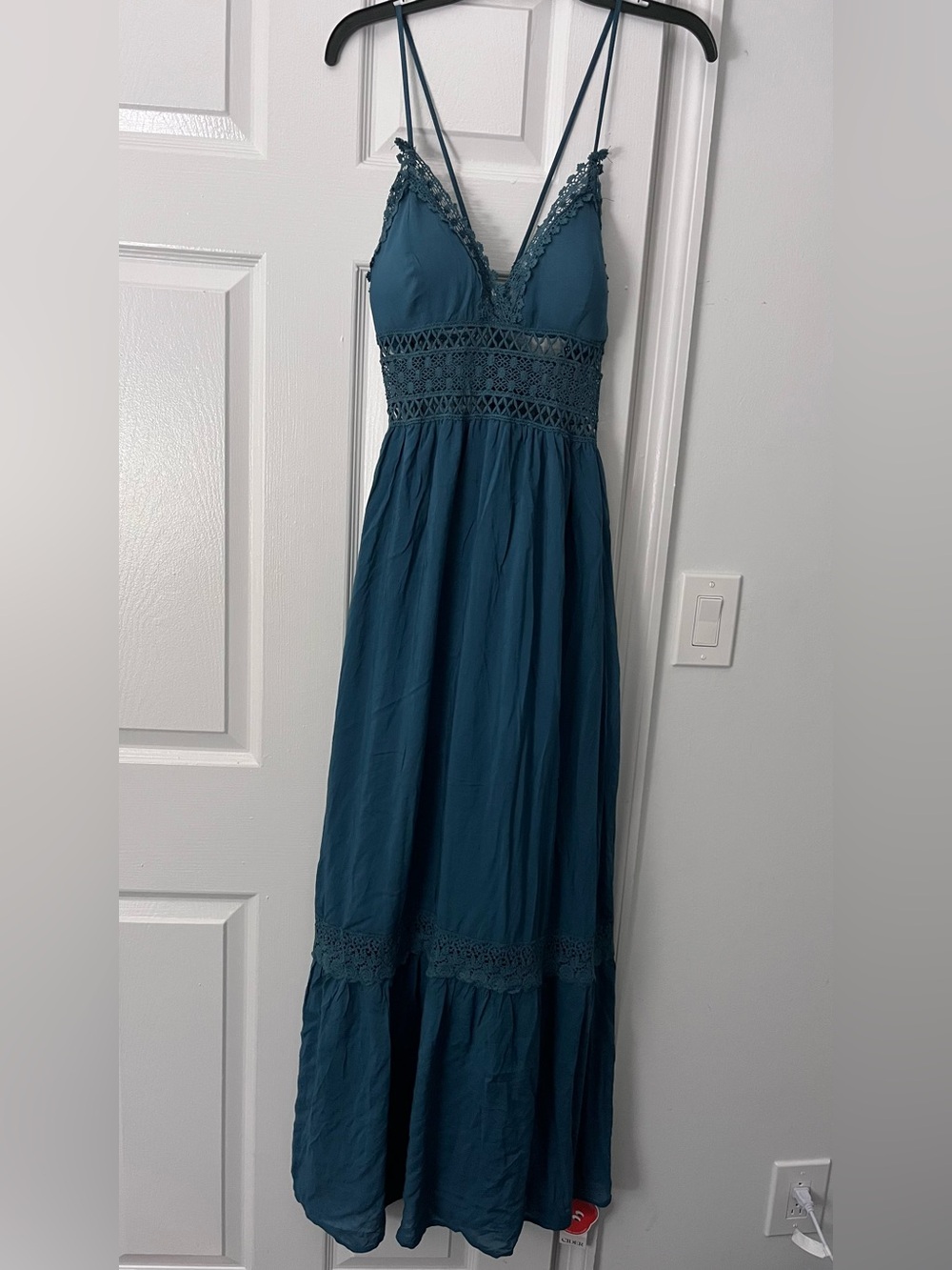 Cider Teal Lace-Trim Spaghetti-Strap Maxi Dress